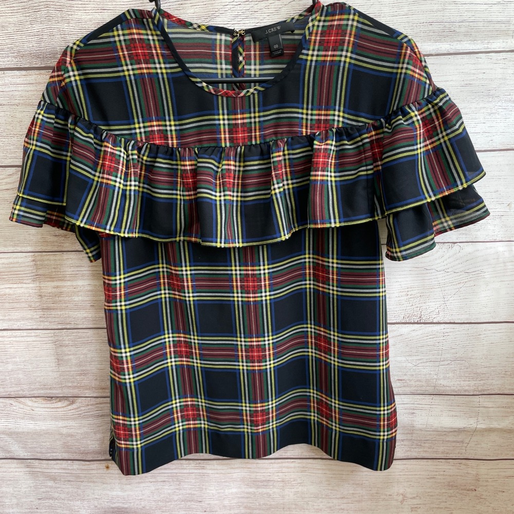 J CREW EDIE TARTAN PLAID RUFFLE SLEEVE TOP - Picture 3 of 5